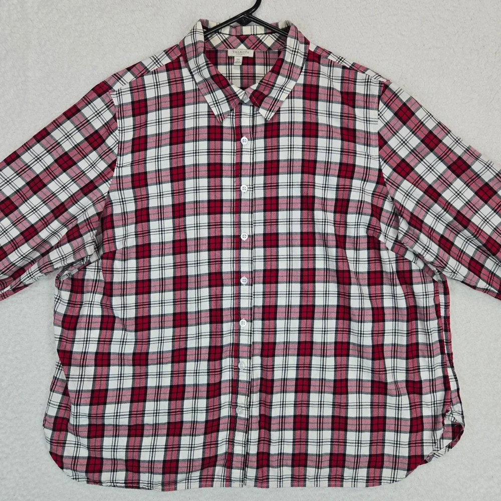 Talbots Plaid Button Down Shirt Women 2X Red Black Tartan Long Sleeve Preppy Top